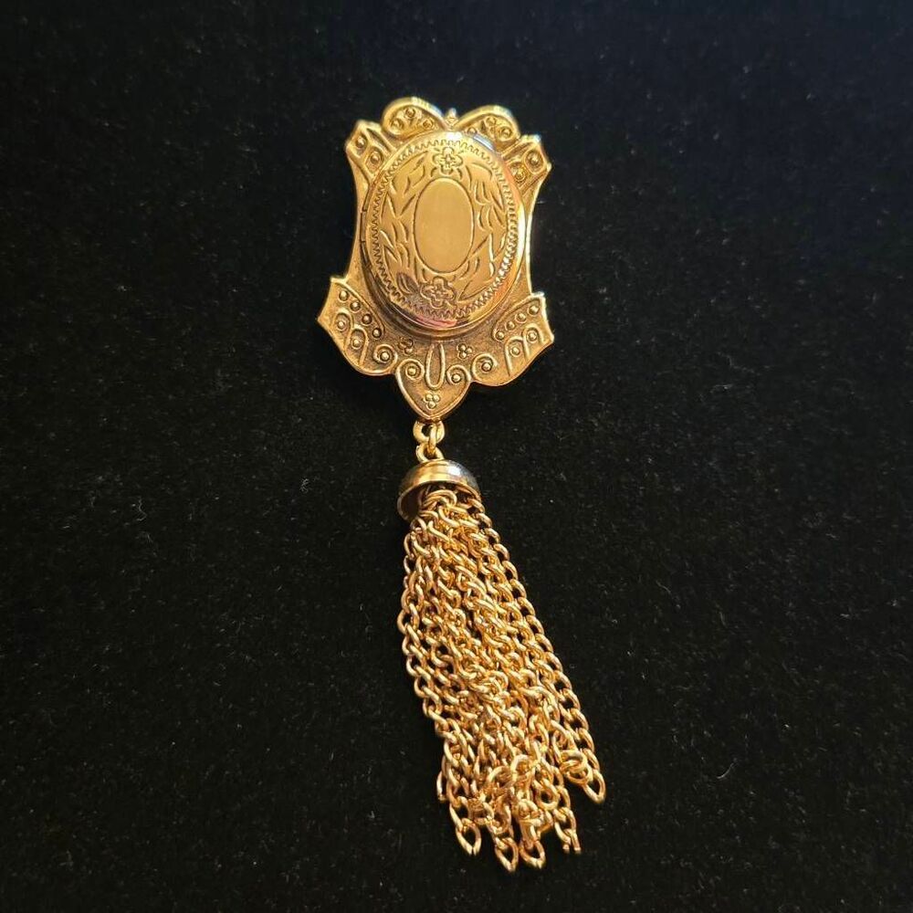 Vintage Victorian Style Locket Brooch Pin Chain Tassle Gold Tone